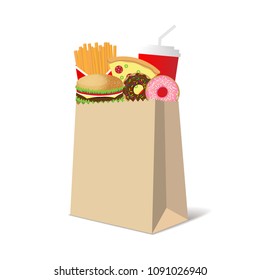 Illustration Featuring a Paper Bag Full of Common Fast Food Snacks