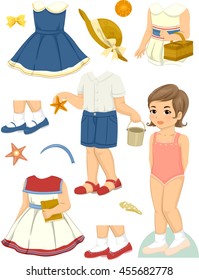 Illustration mit einer Papierpuppe und einer Reihe von Sommerkleidung