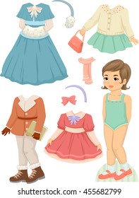 Ilustración con una muñeca de papel y un conjunto de ropa de invierno