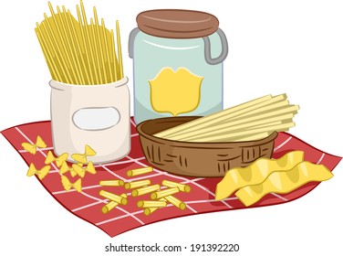 Illustration mit Teigwaren mit unterschiedlichen Formen und Größen