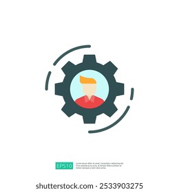 An illustration featuring a person within a gear, symbolizing industry and teamwork. The design highlights collaboration and efficiency in a modern context.