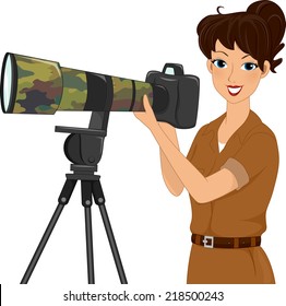 Illustration Featuring a Photographer Dressed in Safari Outfit Holding a Wildlife Camera