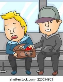 Illustration Featuring a Pickpocket Lifting Wallets in a Subway Train