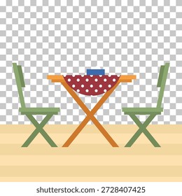 Illustration featuring a picnic table with a red polka-dot tablecloth and two green folding chairs, ready for an outdoor meal.