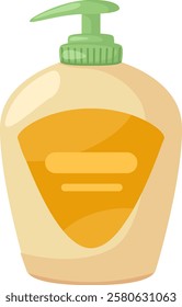 Illustration featuring a plastic container with a green pump dispenser, holding liquid soap designed for hand washing and promoting personal hygiene in everyday life