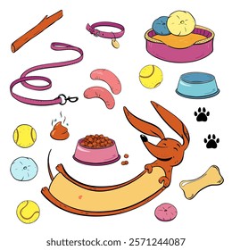 Illustration Featuring a Playful Dog dachshund Alongside Various Pet Accessories and Items.Vector sketch illustration. Pet shop