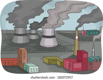 Ilustración Con Plantas Eléctricas Que Permiten Un Humo Negro Grueso