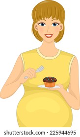 Illustration Featuring a Pregnant Caucasian Eating a Cupcake