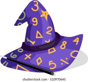 Illustration Featuring a Purple Wizard Hat Decorated with Numbers and Mathematical Equations