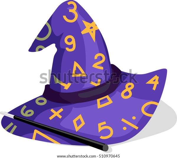 Illustration Featuring a Purple\
Wizard Hat Decorated with Numbers and Mathematical\
Equations