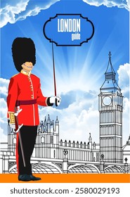 Illustration featuring a queen's guard, big ben, and the houses of parliament, representing iconic london landmarks