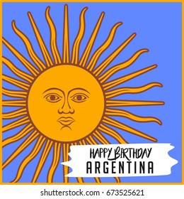 Illustration featuring a radiant golden sun and a celebratory text 'Happy Birthday Argentina', symbolizing patriotism and national pride for Argentina's festive occasion.