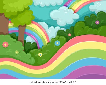 Illustration Featuring Rainbow Swirls Surrounding a Forest