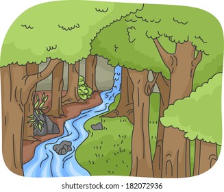 Illustration Featuring a Rainforest with a Gently Cascading Waterfall/