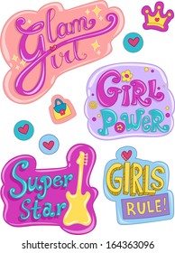 Illustration Featuring Ready to Print Stickers with Designs Commonly Associated with Girls