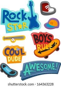 Illustration Featuring Ready to Print Stickers with Designs Commonly Associated with Boys