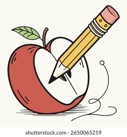Illustration featuring a red apple with a pencil piercing through it, symbolizing education, creativity, and the concept of healthy eating.