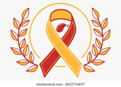 ilustração com uma fita vermelha e amarela dentro de um círculo dourado, rodeado por ramos de louro. O desenho está sobre um fundo branco.