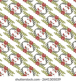 Illustration featuring a seamless pattern design with red blossoms and green leaves arranged diagonally on a white background, creating a fresh and elegant botanical theme.