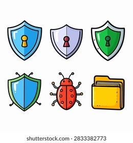 Illustration featuring security shields with keyholes, a bug, and a folder representing cybersecurity, protection, and malware prevention concepts.