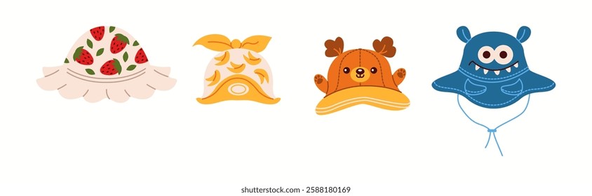 Illustration featuring a set of four children's bucket hats with fruit designs, including strawberry, banana, watermelon, and pineapple.