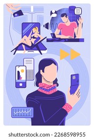Illustration featuring several scenes of people in various poses and situations using modern smartphones in the office, on the beach, and in everyday life. The flat design style against a white