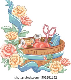 Illustration Featuring a Sewing Kit Decorated with Colorful Flowers and a Blue Ribbon