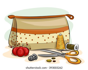 Illustration mit Nähmaterialien, die um ein Nähkit angeordnet sind