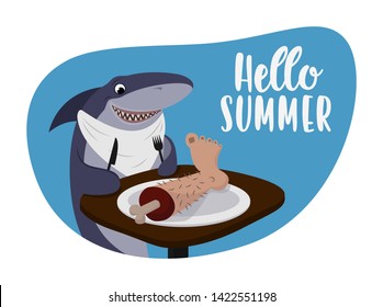Illustration Featuring a Shark Wearing a Bib and Holding a Fork and a Knife and Eating leg - Funny Vector Poster.