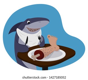 Illustration Featuring a Shark Wearing a Bib and Holding a Fork and a Knife and Eating leg - Funny Vector Poster.