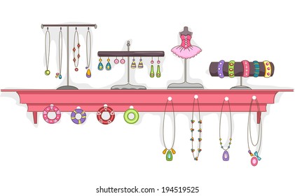 Illustration Featuring a Shelf Full of Jewelry on Display