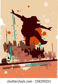 Illustration Featuring the Silhouette of a Parkour Practitioner Against a Grunge Themed Background