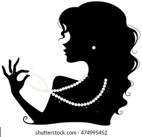 Illustration Featuring the Silhouette of a Woman Wearing a Pearl Necklace, Earring and Ring