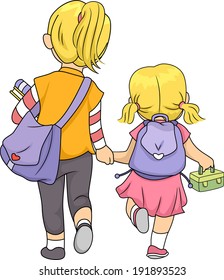 Illustration Featuring Sisters Walking Home Together