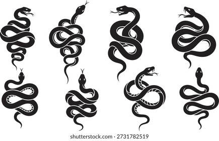 An illustration featuring six snakes in different coiled and twisted positions
