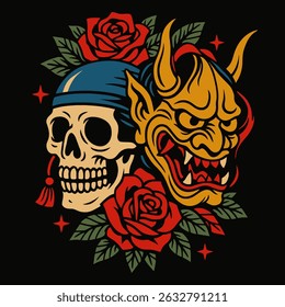 Illustration featuring a skull with a mask and roses on a black background; ideal for art prints or decorations.