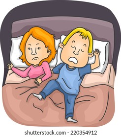Illustration Featuring a Sleeping Husband Lying Beside an Irritated Wife