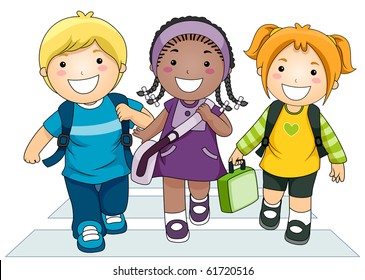 Illustration Featuring a Small Group of Kids Crossing the Street on their Way to School - Vector