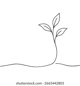 Illustration mit einer kleinen Pflanze mit drei Blättern, gezeichnet in einfachen schwarzen Linien, die sich von einer gewellten Linie nach oben erstrecken, ideal, um Wachstum und Nachhaltigkeit zu symbolisieren.