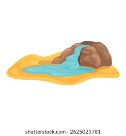 Illustration featuring a small waterfall flowing from stones, creating a pond in the dry desert sand