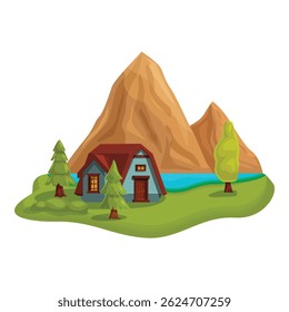 Ilustração com um pequeno chalé de madeira em pé em um prado verde perto de um lago e cercado por altas montanhas, perfeito para tópicos como aluguel de férias ou casa de férias