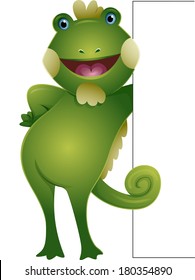 Ilustración con una iguana sonriente contra un tablero en blanco
