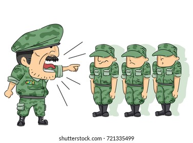 Ilustración con soldados con uniforme militar completo regañados por un oficial