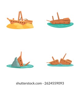 Illustration featuring stages of a wooden ship from sailing to sinking in sea