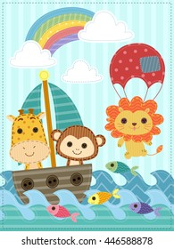 Illustration Featuring Stitched Safari Animals Riding a Boat