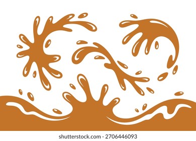 Uma ilustração com elementos de splash caramelo estilizado contra um fundo branco limpo, proporcionando um ativo versátil para projetos relacionados a bebidas de sobremesa ou composições gráficas abstratas