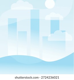 Illustration featuring a stylized cityscape with abstract buildings, soft clouds, and a sun in a gentle blue and white color palette, evoking tranquility.