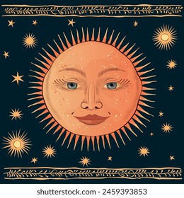 illustration featuring a stylized mystical sun inspired by ancient Slavic motifs, surrounded by stars on a dark blue background. Suitable for posters, covers, and prints with a unique cultural flair.