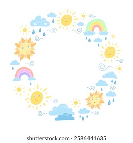 Illustration featuring sunny skies, playful clouds, and vibrant rainbows