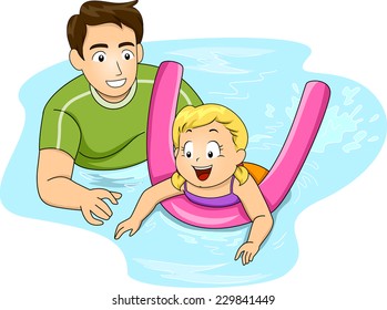 Illustration Featuring a Swimming Coach Giving Lessons to a Girl